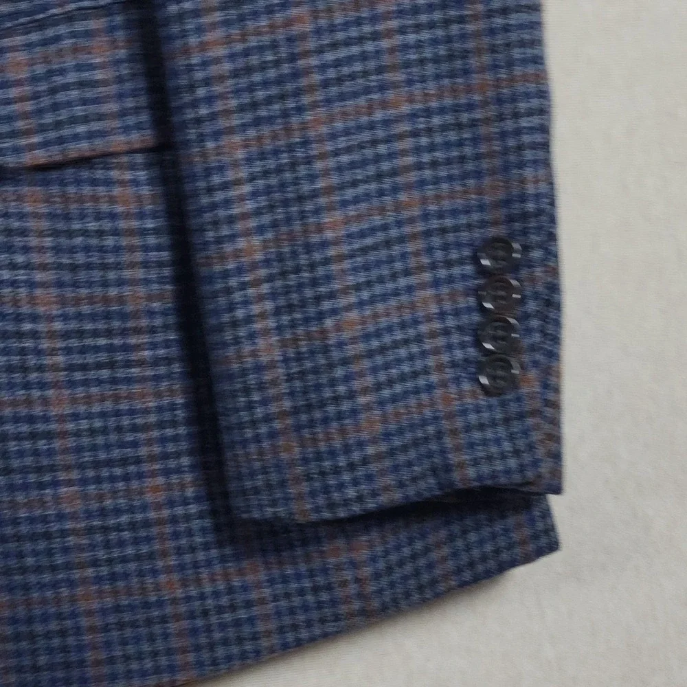Merino Wool Plaid Blazer Mens 44S Dark Academia Classic Fit Navy Sport Coat
